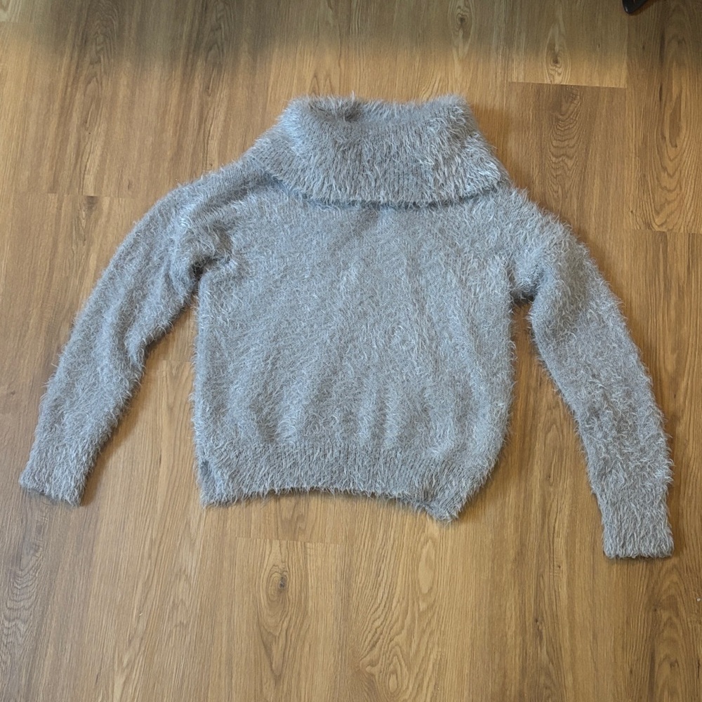 Pink Rose Fuzzy Cowl Neck Sweater - Light Gray